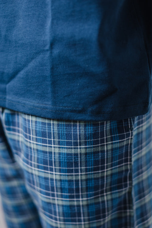 Men Winter Pajama Set Petroleum T-shirt + Blue shades x Black Checkered pant